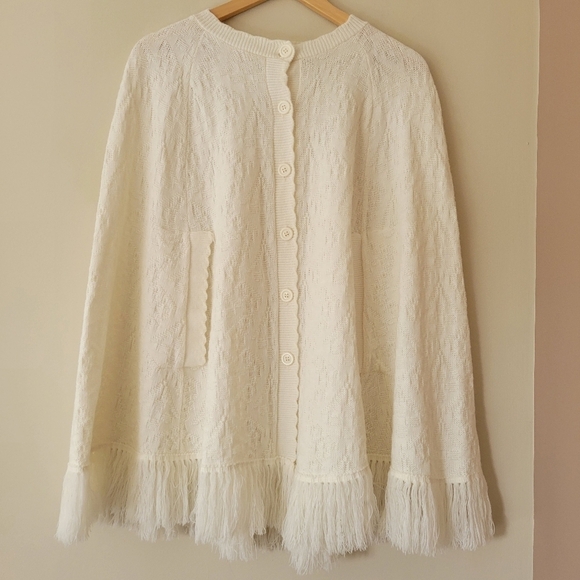 Vintage Sweaters - Vintage Cream White Knit Poncho Shawl Button Front Sweater with Fringe